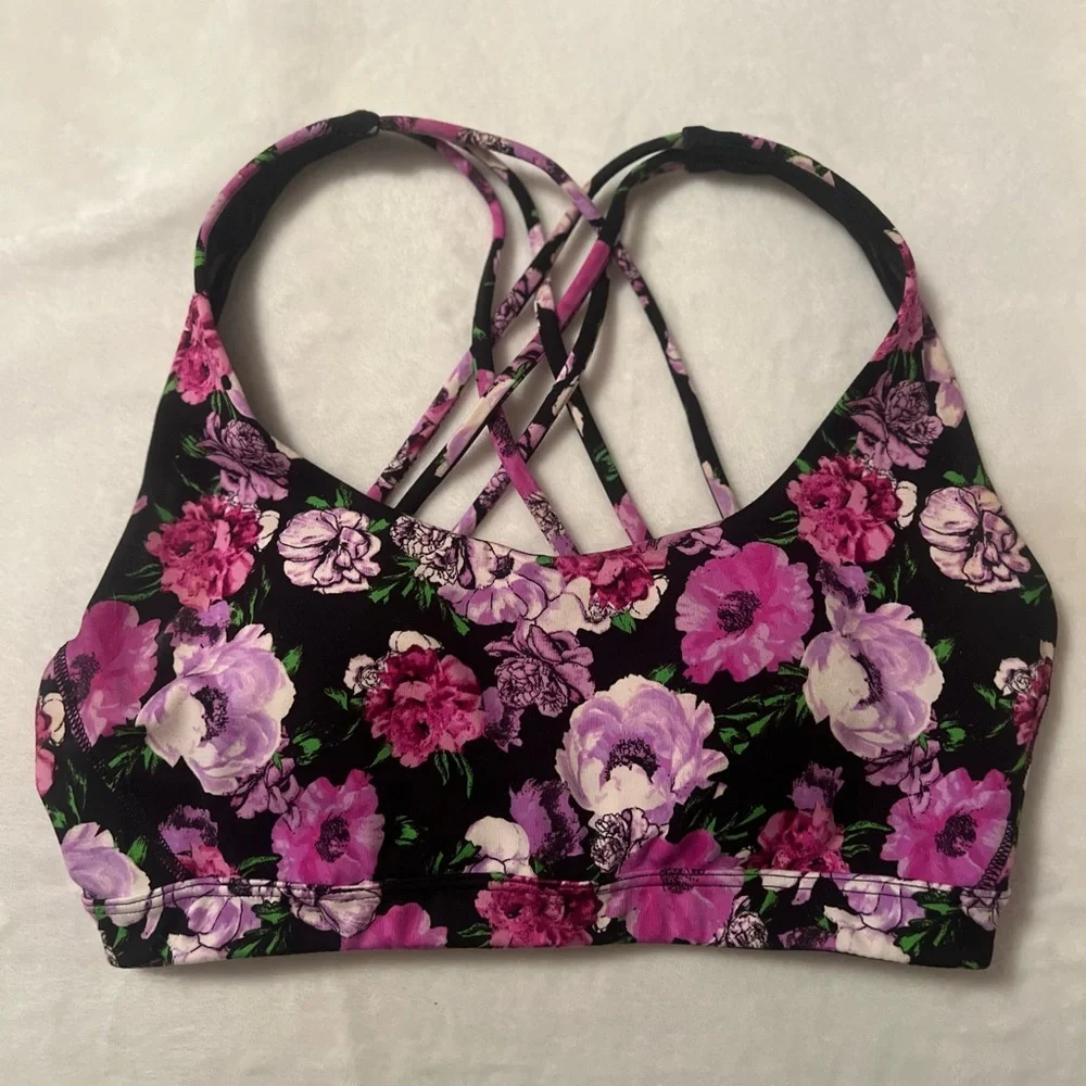 VS Work Out Top Sports Bra Criss Cross Braided Back Purple Floral Sz XS - Picture 1 of 2